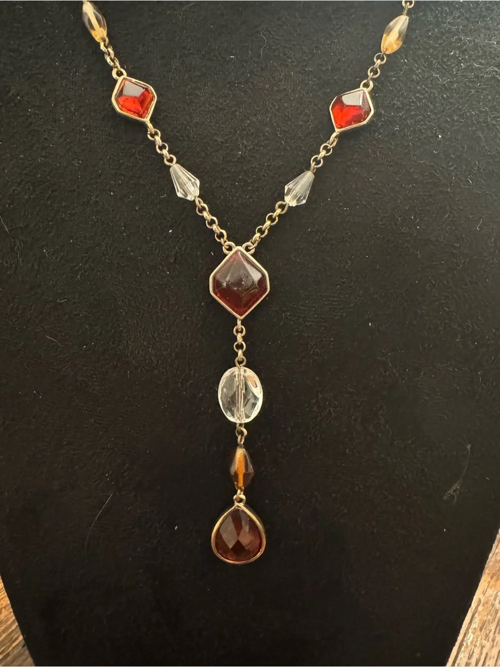 V Villager Liz Claiborne Red Amber Crystal Y Drop Statement Necklace
